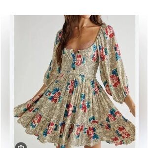 NEW Free People Floral Puff Sleeve Tunic Dress